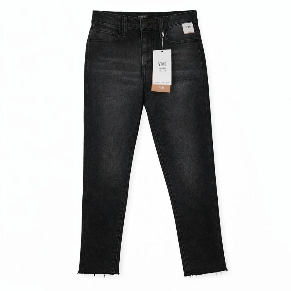 NWT YMI Vintage Dream Fit High Rise Ankle Straight Stretch Raw Hem Black Jeans 3